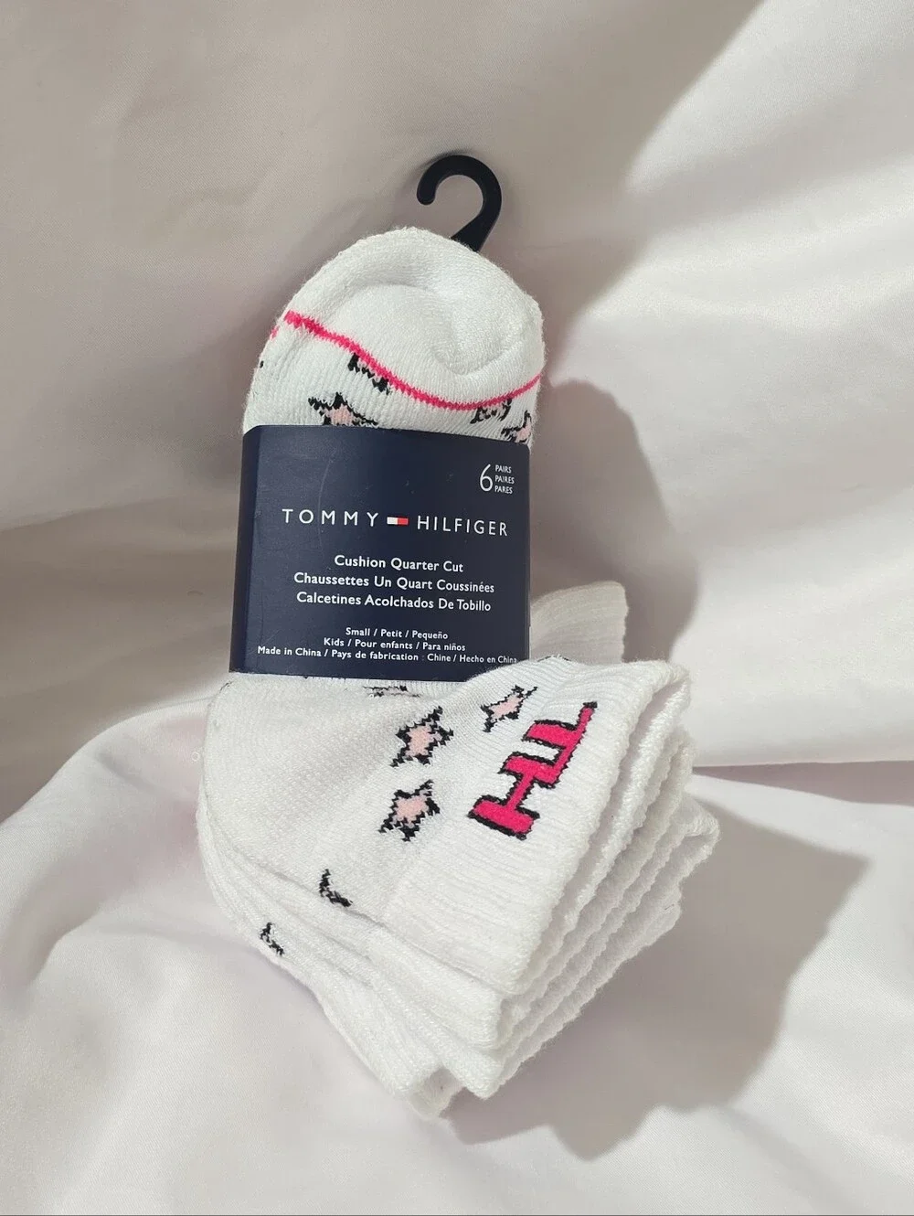 NWT Tommy Hilfiger Girl's 6 Pack Cushion Quarter Cut Small Socks White Pink